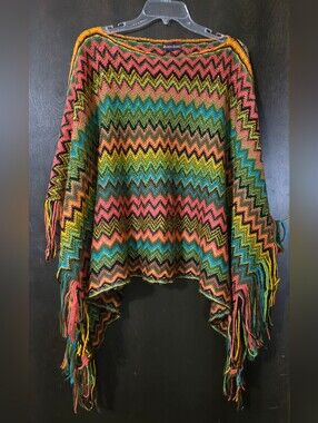 Donna Diosa Multicolor Zigzag Fringe Chal Poncho Throw, Open One Size